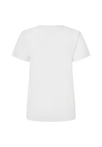 Camiseta blanca de manga corta con cuello redondo, hecha de algodón, que presenta una textura suave y sin patrones ni acentos adicionales.