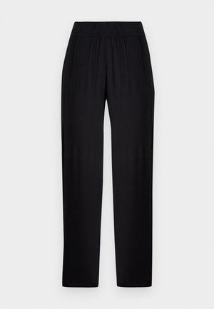Zwarte, gladde stoffen broek met een relaxte pasvorm, elastische tailleband en rechte pijpen. Geen zichtbare patronen of accenten.