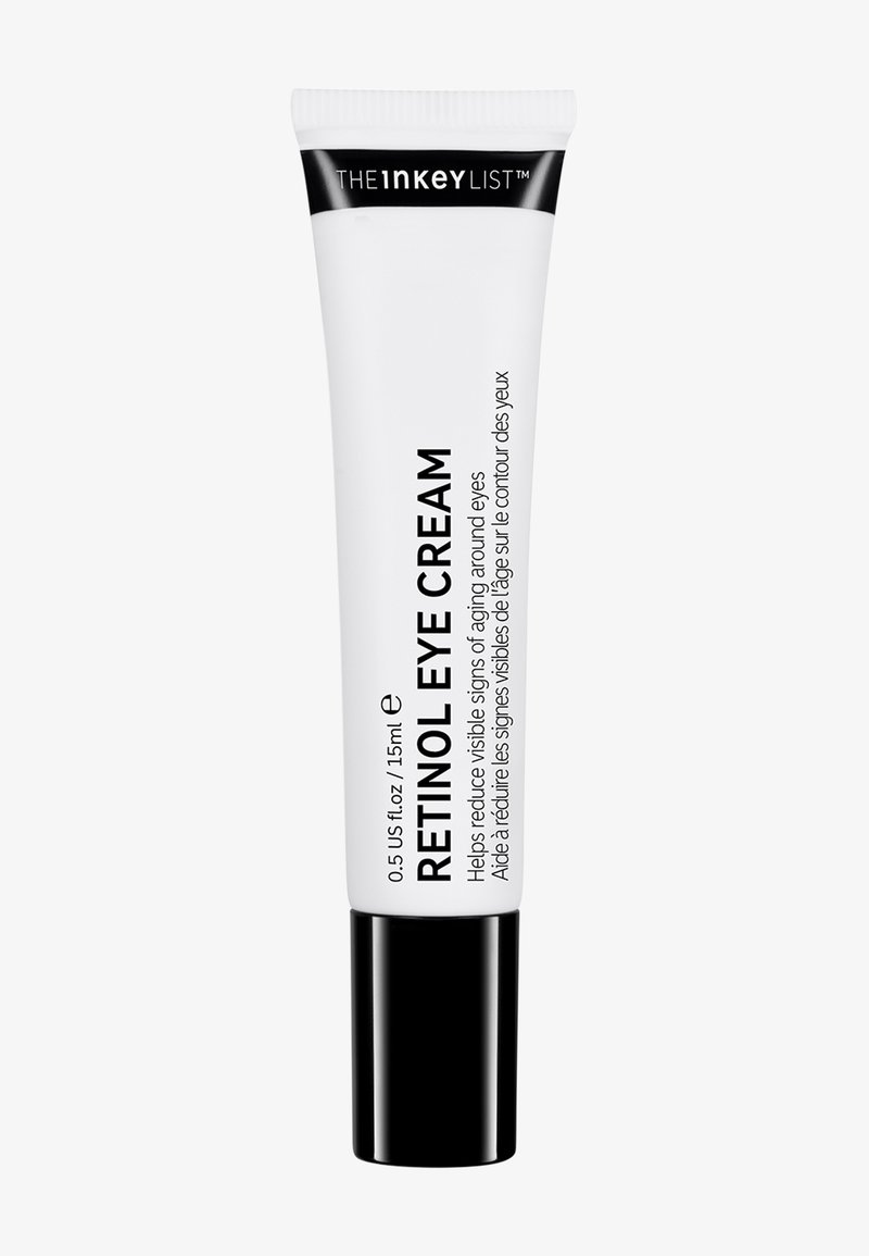 Förpackning med The Inkey List Retinol Eye Cream, 15 ml, med svart lock och text som anger att den minskar synliga ålderstecken runt ögonen.