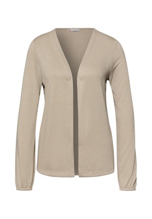 Beige langærmet cardigan med åben front, V-hals og elastiske ærmegab, lavet af letvægtsstof, mærket "Street One."