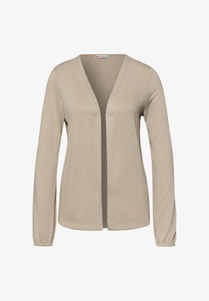 Beige langærmet cardigan med åben front, V-hals og elastiske ærmegab, lavet af letvægtsstof, mærket "Street One."