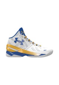 Basketbollskor med ett vitt nätövre med blå och guldaccent, höga design, perforerade detaljer och en texturerad gummisula.