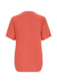 Unifarbenes, kurzärmeliges T-Shirt mit Rundhalsausschnitt in Korallenrot, Rückansicht, ohne Muster oder Grafiken.