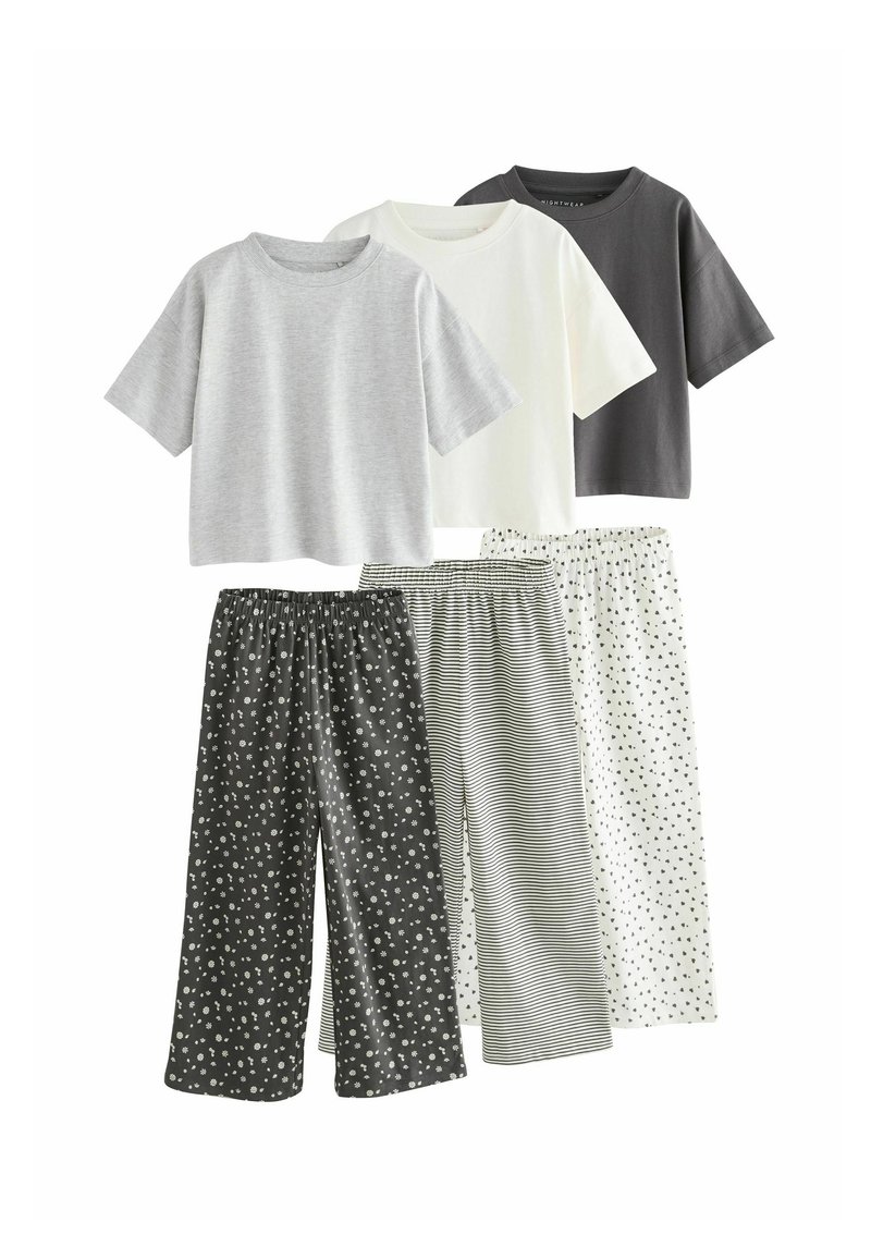Set aus Loungewear: drei T-Shirts in Grau, Weiß und Schwarz; zwei Paar Hosen mit floralem und gestreiftem Muster in Grau und Schwarz, lockere Passform.