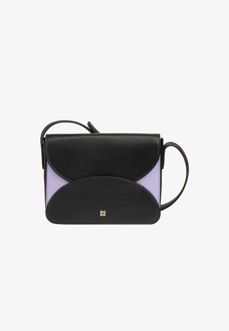 Borsa a tracolla in pelle nera con un accento in pelle vegana viola, design geometrico, tracolla regolabile e un logo dorato sul davanti.