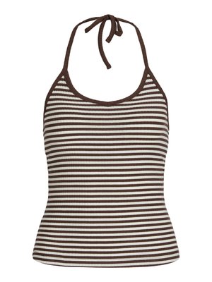 Top halter de rayas hecho de tela acanalada; presenta rayas alternas en marrón y blanco, con corbata ajustable en el cuello y una silueta ajustada.