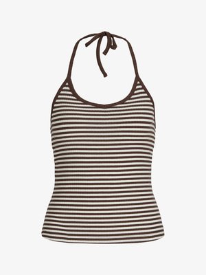 Striped halter top made of ribbed fabric; features alternating brown and white stripes, adjustable neck tie, and fitted silhouette.
