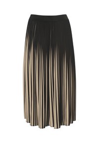 Faltender Midirock mit einem Schwarz-Beige-Farbschema und vertikalen Streifen. Elastischer Bund für ein einfaches An- und Ausziehen. Geschmeidige Textur.