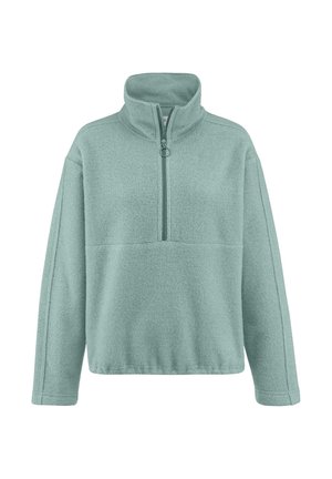 Pullover in pile di colore verde menta chiaro, con colletto a mezza zip, maniche lunghe e una texture morbida con una cucitura lungo il petto.