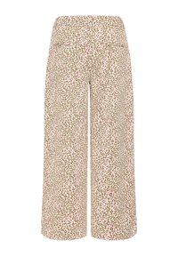 Pantalon à jambes larges avec fond beige et petit motif léopard rose et marron, taille haute et longueur raccourcie.