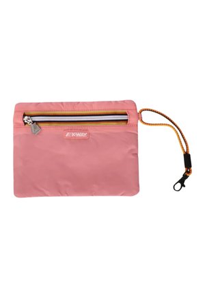 Bustina rettangolare rosa con cerniera frontale, bordi gialli e bianchi, logo K-Way e cinturino arancione con clip nero.
