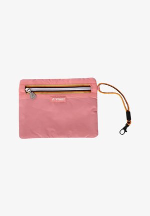 Bustina rettangolare rosa con cerniera frontale, bordi gialli e bianchi, logo K-Way e cinturino arancione con clip nero.