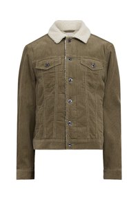 Veste en velours côtelé vert olive avec un col en peluche crème, des boutons à l'avant et deux poches poitrine. Présente une coupe structurée et des détails de coutures visibles.