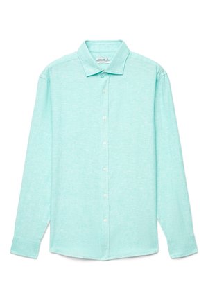 Langärmeliges, knöpfbares Hemd in helltürkis mit klassischem Kragen, regulärer Passform und weißen Knöpfen entlang der Vorderseite.