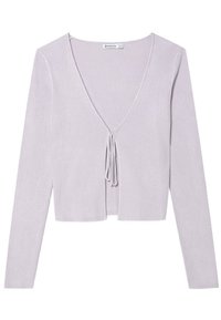 Top de manga larga acanalado en lavanda con un profundo escote en V, detalle de lazo ajustable en la parte frontal y dobladillo cortado. Textura suave y diseño ajustado.