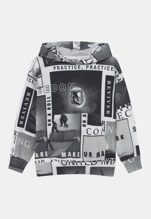 Haut à capuche noir et blanc avec des photos de skateboard et des blocs de texte incluant "Pratique", "Liberté" et "Renaissant" dans un design en collage.