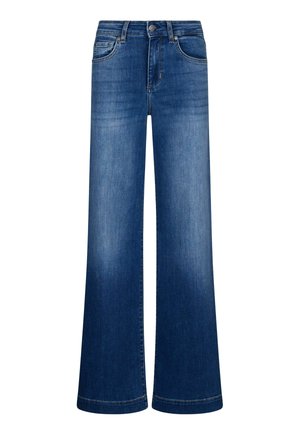 Jean en denim bleu à jambes larges, poches avant, passants pour ceinture, fermeture par bouton, et détails délavés sur les cuisses et les genoux.