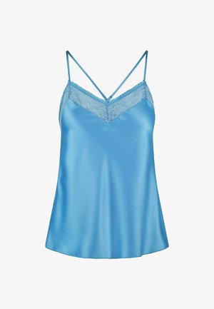 Camisole en satin bleu avec des bretelles spaghetti réglables, dotée d'une bordure en dentelle le long de l'encolure et d'un ourlet légèrement évasé.