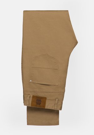 Khaki spodnie robocze wykonane z trwałej tkaniny, z dużą tylną kieszenią, brązową skórzaną łatą oraz prostym krojem nogawki.