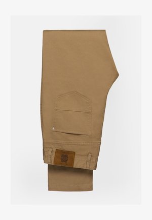 Khaki spodnie robocze wykonane z trwałej tkaniny, z dużą tylną kieszenią, brązową skórzaną łatą oraz prostym krojem nogawki.