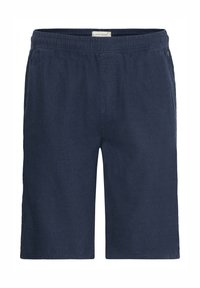 Tmavomodré tkané šortky s elastickým pásom, s voľným strihom a jemným textúrovaným vzorom. Obsahujú funkčné bočné vrecká.