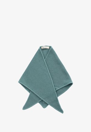 Împachetare tricotată în culoarea teal cu model nervurat și formă triunghiulară, având o textură moale și o etichetă cu numele brandului în partea superioară centrală.