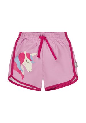 Pink children's shorts with dark pink trim, drawstring waist, and a colorful unicorn head graphic on the left leg.