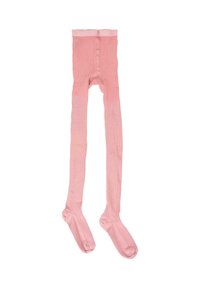 Collant per neonati a coste rosa con piedi, mostrati distesi su uno sfondo bianco.