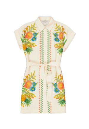 Jurk met korte mouwen en knopen van ivoorkleurige stof met levendige bloemrijke borduurwerk, groen geruit en gestippeld patroon, ceintuur met strik in de taille.