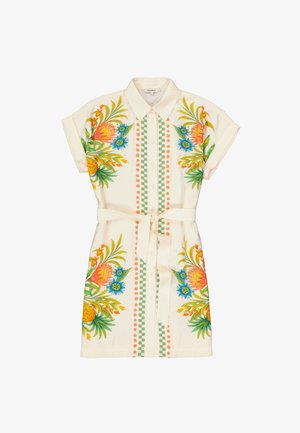Jurk met korte mouwen en knopen van ivoorkleurige stof met levendige bloemrijke borduurwerk, groen geruit en gestippeld patroon, ceintuur met strik in de taille.