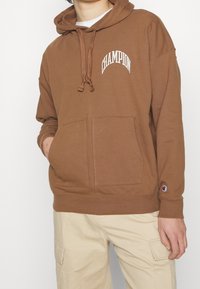 Sudadera marrón con capucha hecha de algodón con un bolsillo delantero, con el logo "Champion" en blanco. Detalles de cordones y puños acanalados.