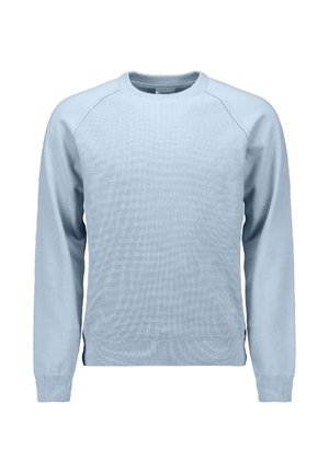 Lichtblauwe gebreide trui met een ribbelstructuur, ronde halslijn en lange mouwen. Heeft raglanmouwen en een ontspannen pasvorm.