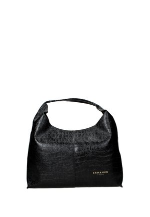 Borsa in pelle nera con texture effetto coccodrillo, dalla silhouette curva, con una tracolla corta e un logo dorato sulla parte frontale. Texture liscia.