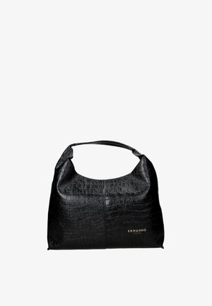 Borsa in pelle nera con texture effetto coccodrillo, dalla silhouette curva, con una tracolla corta e un logo dorato sulla parte frontale. Texture liscia.