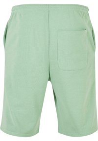 Pantaloni corti in cotone verde chiaro con vita elastica, tasche laterali e una tasca posteriore. Texture liscia e vestibilità comoda.