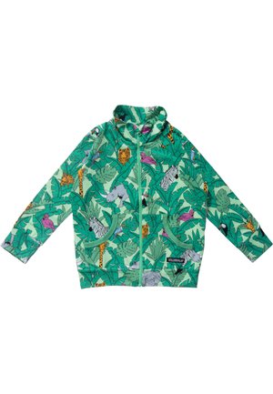 Barns grønne jakke med lynlås med mønstre af jungle-dyr og blade inklusive zebra, næsehorn, tiger, giraf, flamingo og elefant.