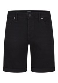 Černé denimové šortky s klasickým střihem, ohrnutými manžetami, designem se pěti kapsami a kovovými knoflíky. Hladká textura a čisté linie.
