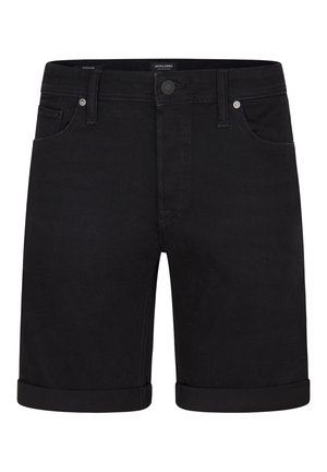 Shorts en denim noir avec une coupe régulière, ourlets retroussés, design à cinq poches et bouton en métal. Texture lisse et lignes épurées.