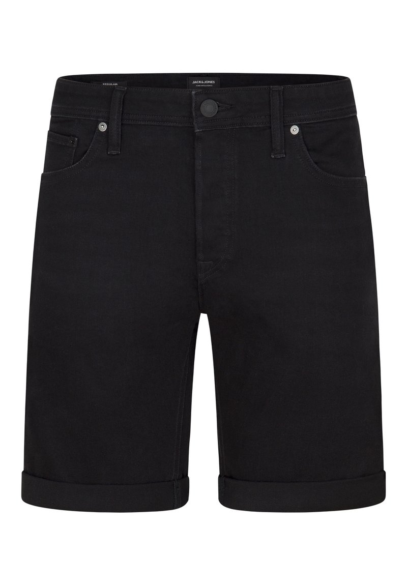 Černé denimové šortky s klasickým střihem, ohrnutými manžetami, designem se pěti kapsami a kovovými knoflíky. Hladká textura a čisté linie.