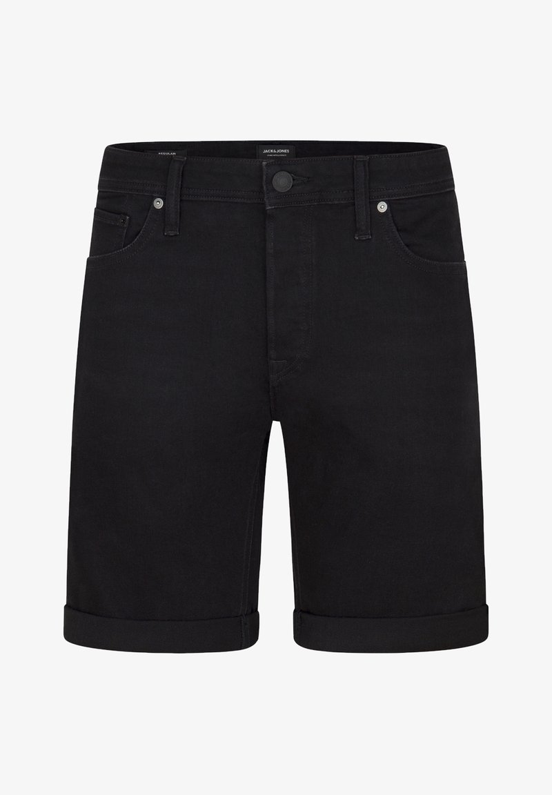 Černé denimové šortky s klasickým střihem, ohrnutými manžetami, designem se pěti kapsami a kovovými knoflíky. Hladká textura a čisté linie.