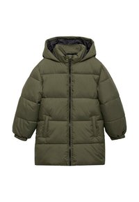 Olivgrüne Puffjacke mit Kapuze, Reißverschluss vorne, elastischen Bündchen und zwei vorderen Taschen. Mit gestepptem Design und glatter Textur.