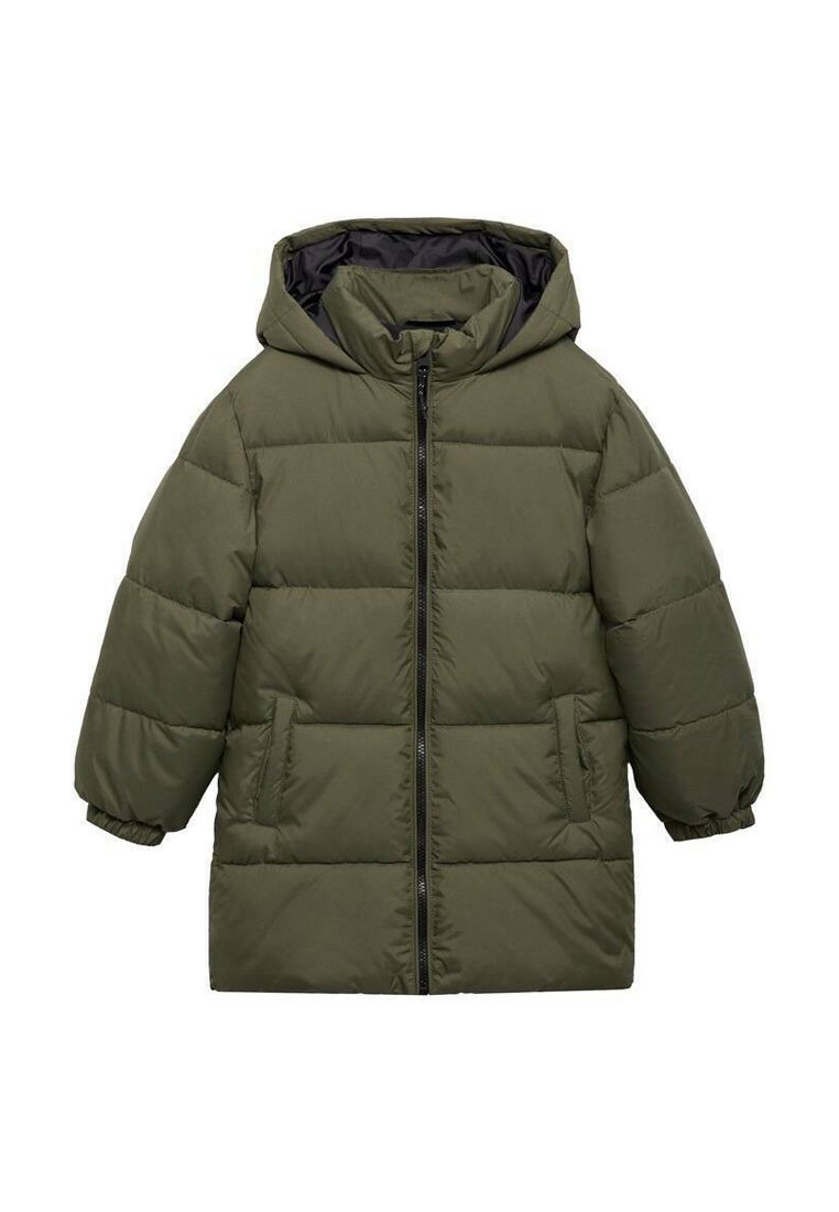 Olivgrüne Puffjacke mit Kapuze, Reißverschluss vorne, elastischen Bündchen und zwei vorderen Taschen. Mit gestepptem Design und glatter Textur.