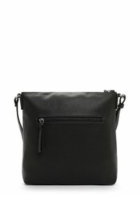 Borsa a tracolla nera in pelle con texture a granuli, forma rettangolare, chiusura superiore con zip e tasca frontale con zip. Include una tracolla regolabile.