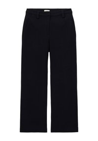 Zwarte rechte broek met riemlussen, zijzakken en een rits aan de voorkant, afgebeeld op een witte achtergrond.