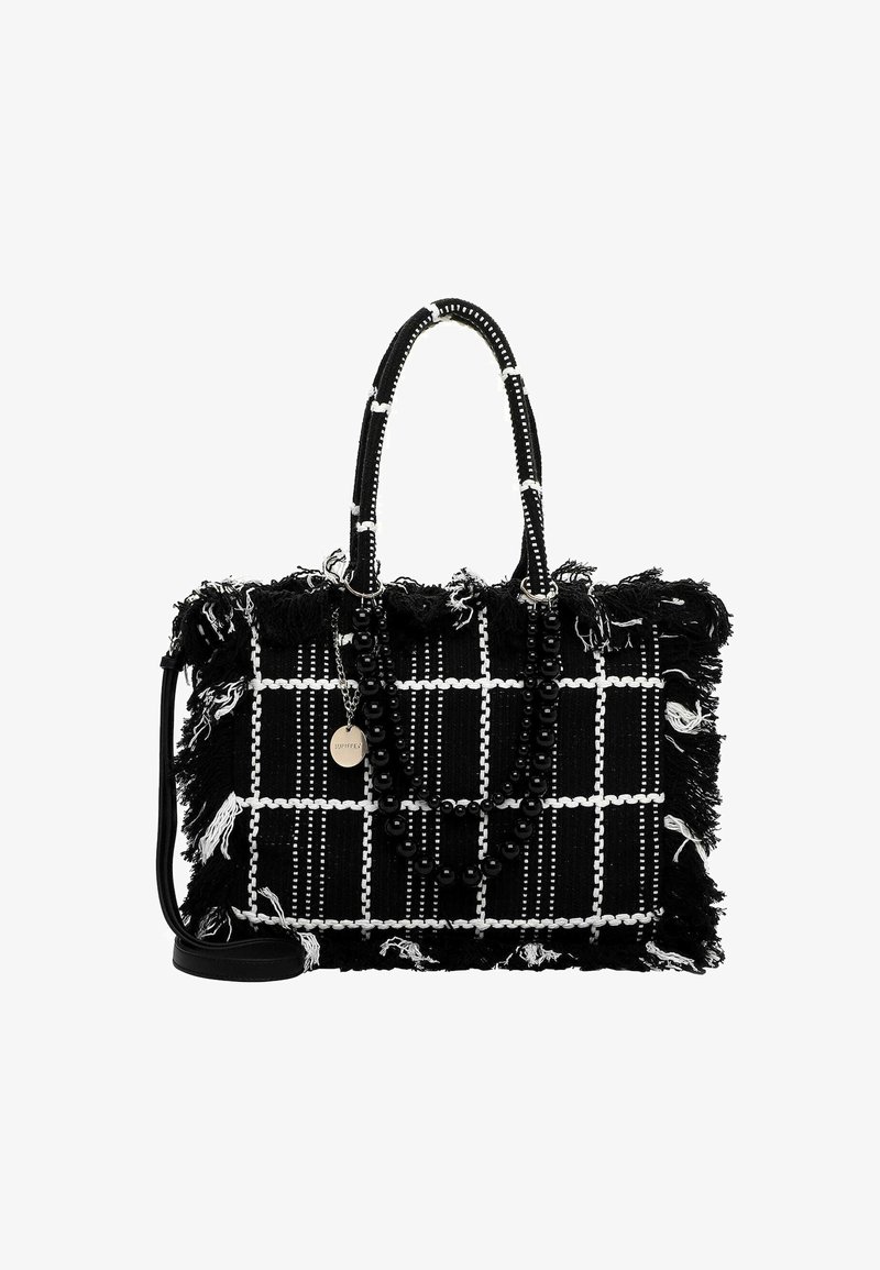 Tkany czarno-biały torebka z omszonymi krawędziami, z koralikowym paskiem i okrągłą srebrną metką. Strukturalny prostokątny kształt.