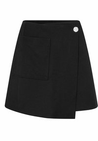 Musta kietaisuhame, jossa on yksi sivutasku, sileä pinta ja vyötäröllä pyöreä hopeinen nappidetalji. Klassinen ja minimalistinen muotoilu.