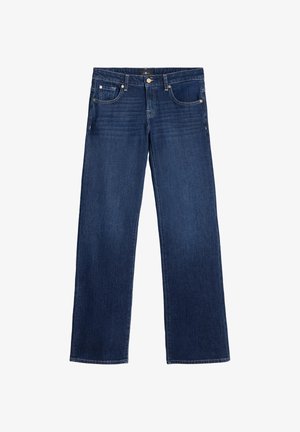 Blauwe denim jeans met een recht poot ontwerp, vijf zakken, messing hardware en lichte stiksel details. De stof heeft een gladde textuur.