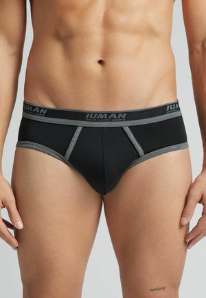 Schwarze Baumwollslips mit grauen Akzenten und einem Logo-Bund. Verfügt über ein niedriges Design und kontrastierende Nähte entlang der Kanten.