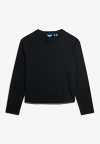 Zwarte lange mouw T-shirt van katoen. Kenmerkt zich door een ronde halslijn, raglanmouwen en een subtiel merklogo aan de voorkant.