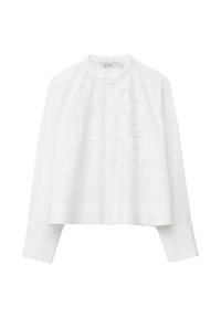White long-sleeve blouse with a mandarin collar, front button closure, wide cuffs, and raised floral embroidery on both sides of the chest.